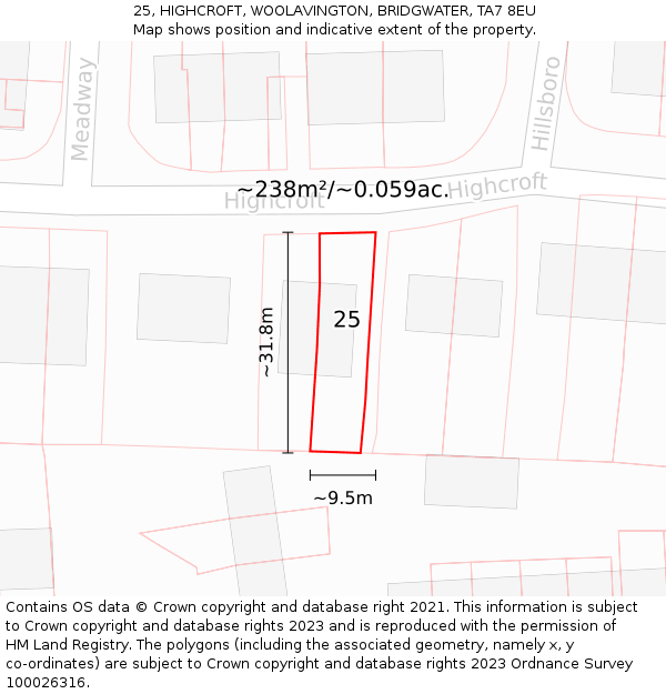 25, HIGHCROFT, WOOLAVINGTON, BRIDGWATER, TA7 8EU: Plot and title map