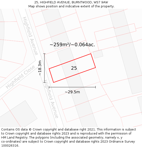 25, HIGHFIELD AVENUE, BURNTWOOD, WS7 9AW: Plot and title map