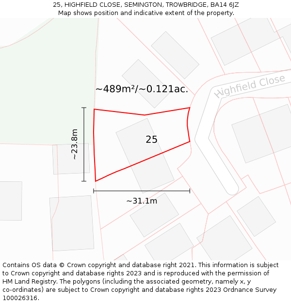 25, HIGHFIELD CLOSE, SEMINGTON, TROWBRIDGE, BA14 6JZ: Plot and title map