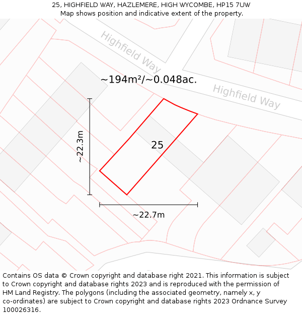 25, HIGHFIELD WAY, HAZLEMERE, HIGH WYCOMBE, HP15 7UW: Plot and title map