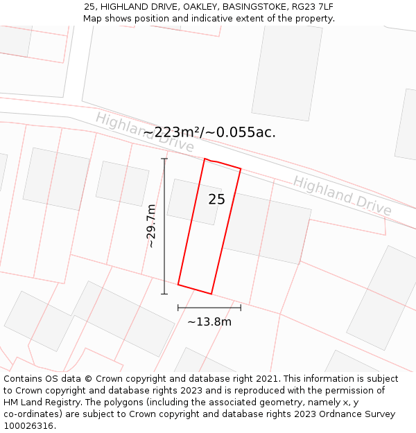 25, HIGHLAND DRIVE, OAKLEY, BASINGSTOKE, RG23 7LF: Plot and title map