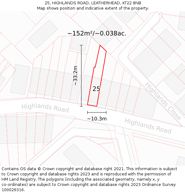 25, HIGHLANDS ROAD, LEATHERHEAD, KT22 8NB: Plot and title map