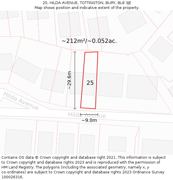 25, HILDA AVENUE, TOTTINGTON, BURY, BL8 3JE: Plot and title map