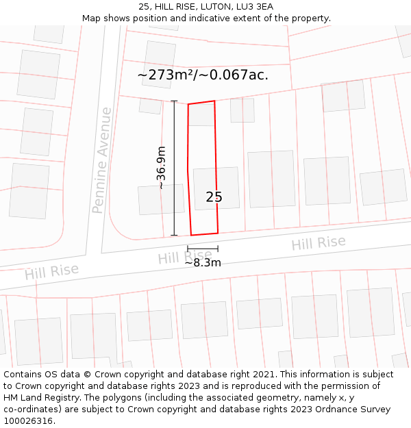 25, HILL RISE, LUTON, LU3 3EA: Plot and title map
