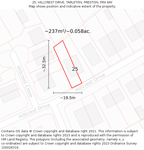 25, HILLCREST DRIVE, TARLETON, PRESTON, PR4 6AY: Plot and title map