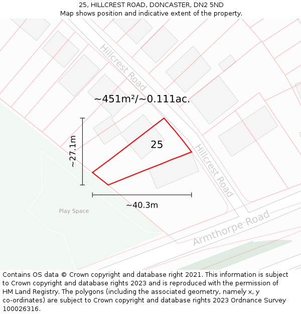25, HILLCREST ROAD, DONCASTER, DN2 5ND: Plot and title map