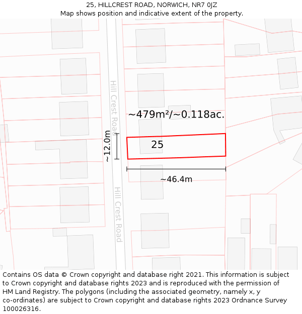 25, HILLCREST ROAD, NORWICH, NR7 0JZ: Plot and title map
