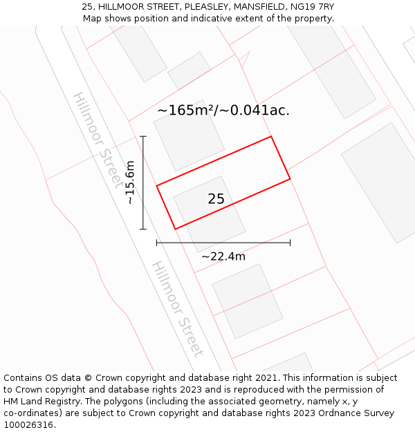 25, HILLMOOR STREET, PLEASLEY, MANSFIELD, NG19 7RY: Plot and title map