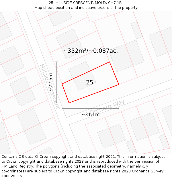 25, HILLSIDE CRESCENT, MOLD, CH7 1RL: Plot and title map