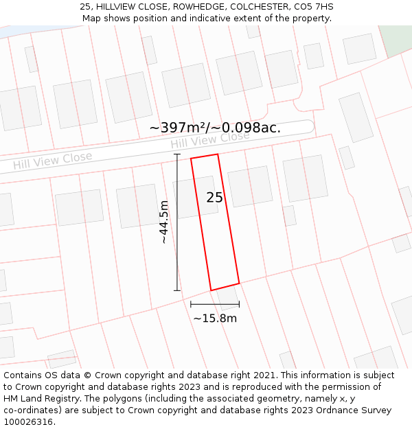25, HILLVIEW CLOSE, ROWHEDGE, COLCHESTER, CO5 7HS: Plot and title map
