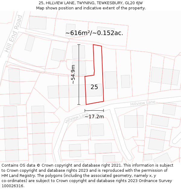 25, HILLVIEW LANE, TWYNING, TEWKESBURY, GL20 6JW: Plot and title map
