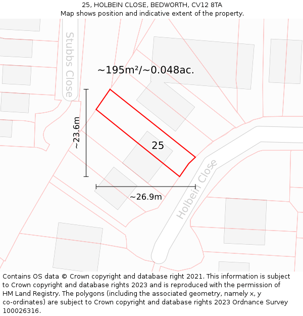 25, HOLBEIN CLOSE, BEDWORTH, CV12 8TA: Plot and title map