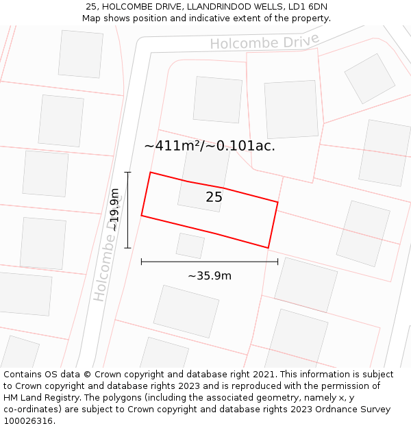 25, HOLCOMBE DRIVE, LLANDRINDOD WELLS, LD1 6DN: Plot and title map