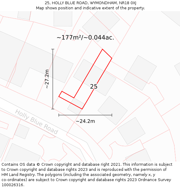 25, HOLLY BLUE ROAD, WYMONDHAM, NR18 0XJ: Plot and title map