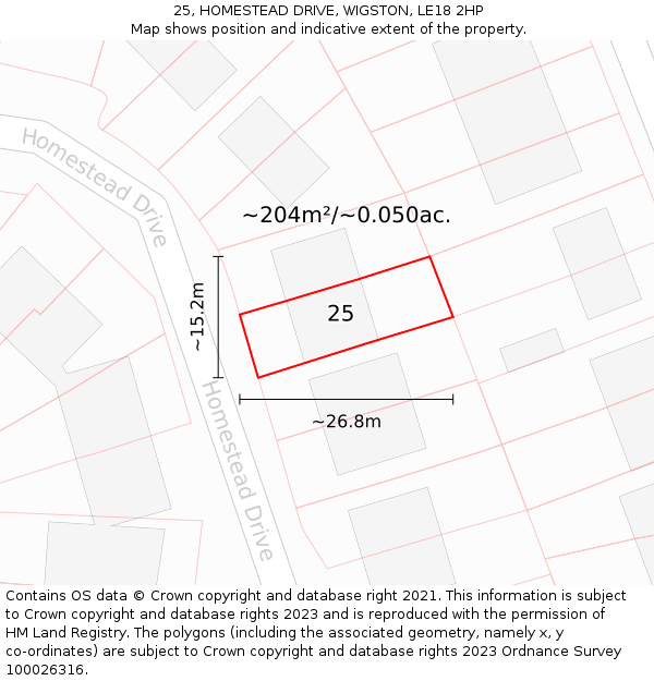 25, HOMESTEAD DRIVE, WIGSTON, LE18 2HP: Plot and title map