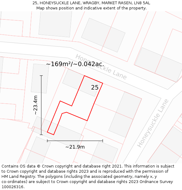 25, HONEYSUCKLE LANE, WRAGBY, MARKET RASEN, LN8 5AL: Plot and title map