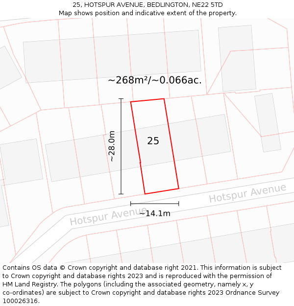25, HOTSPUR AVENUE, BEDLINGTON, NE22 5TD: Plot and title map