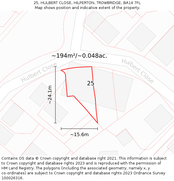 25, HULBERT CLOSE, HILPERTON, TROWBRIDGE, BA14 7FL: Plot and title map
