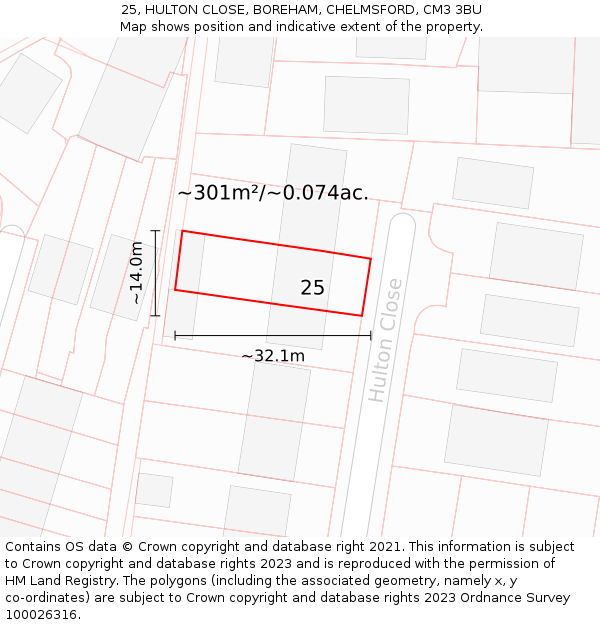 25, HULTON CLOSE, BOREHAM, CHELMSFORD, CM3 3BU: Plot and title map