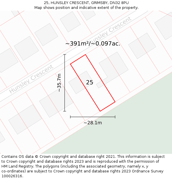 25, HUNSLEY CRESCENT, GRIMSBY, DN32 8PU: Plot and title map