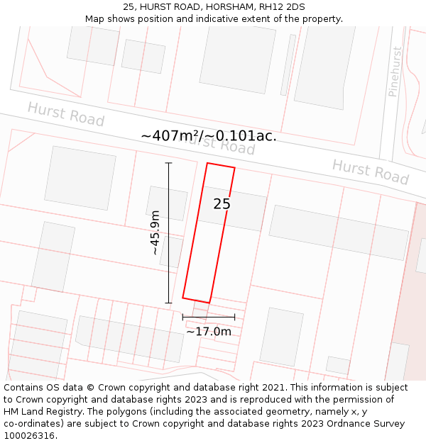 25, HURST ROAD, HORSHAM, RH12 2DS: Plot and title map