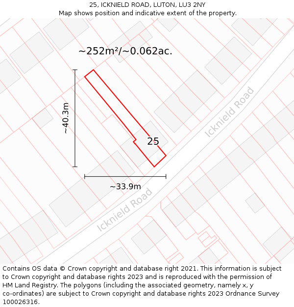 25, ICKNIELD ROAD, LUTON, LU3 2NY: Plot and title map