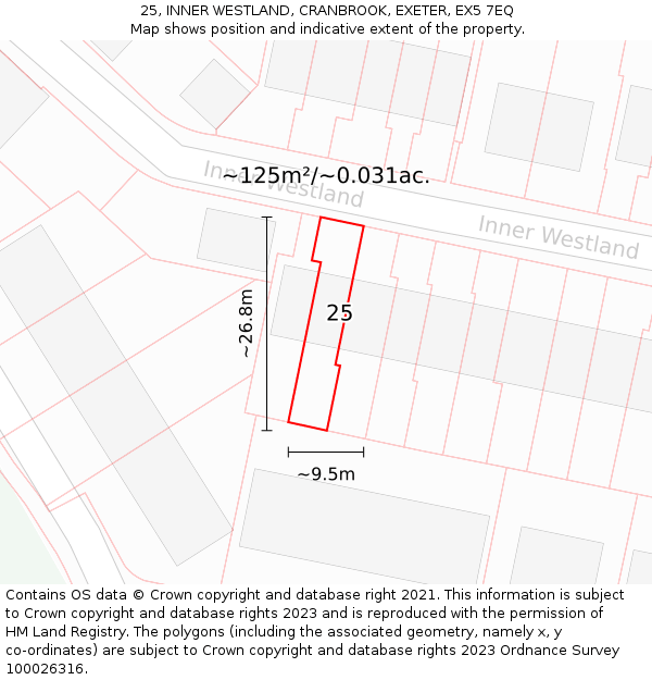 25, INNER WESTLAND, CRANBROOK, EXETER, EX5 7EQ: Plot and title map