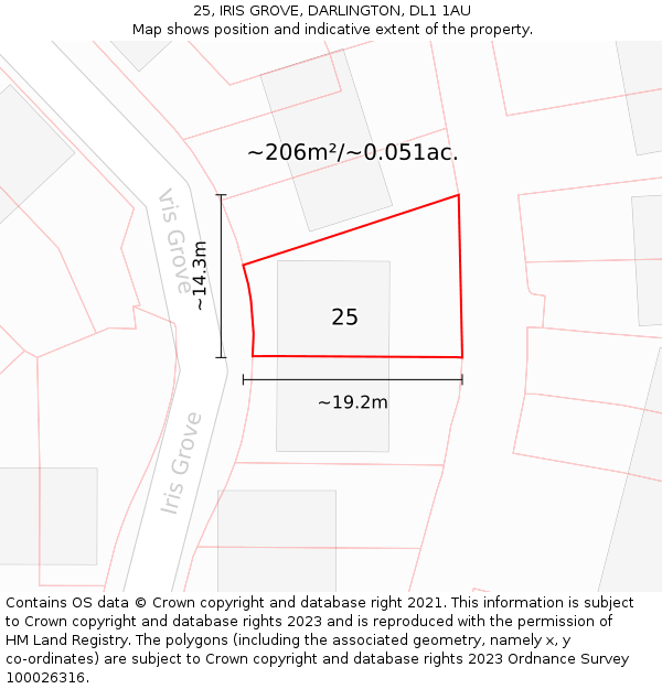 25, IRIS GROVE, DARLINGTON, DL1 1AU: Plot and title map