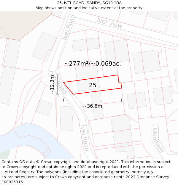 25, IVEL ROAD, SANDY, SG19 1BA: Plot and title map