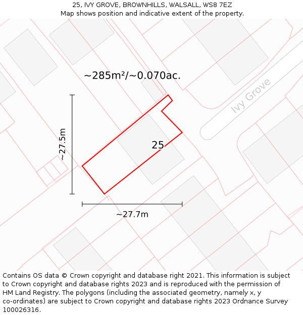 25, IVY GROVE, BROWNHILLS, WALSALL, WS8 7EZ: Plot and title map