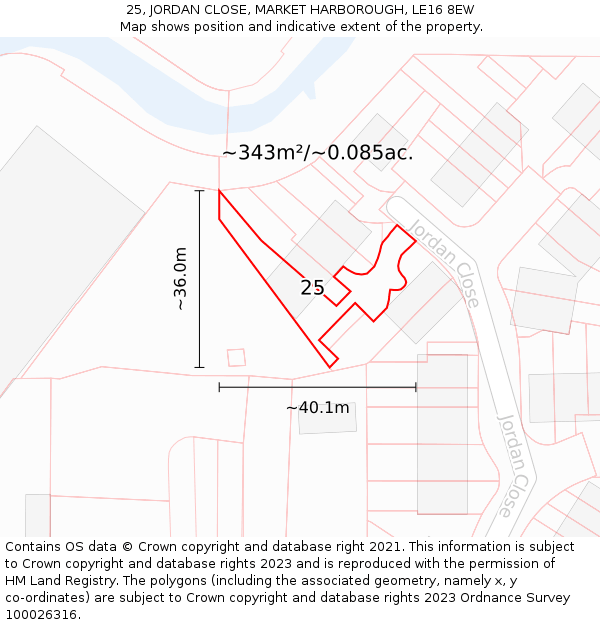 25, JORDAN CLOSE, MARKET HARBOROUGH, LE16 8EW: Plot and title map