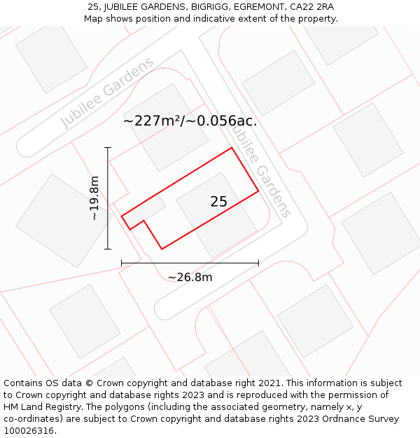 25, JUBILEE GARDENS, BIGRIGG, EGREMONT, CA22 2RA: Plot and title map