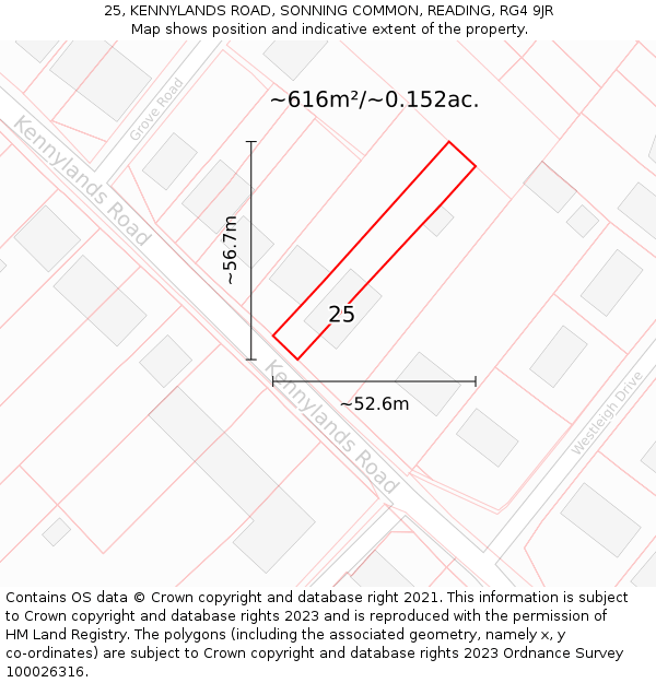 25, KENNYLANDS ROAD, SONNING COMMON, READING, RG4 9JR: Plot and title map