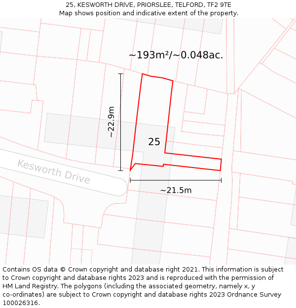 25, KESWORTH DRIVE, PRIORSLEE, TELFORD, TF2 9TE: Plot and title map