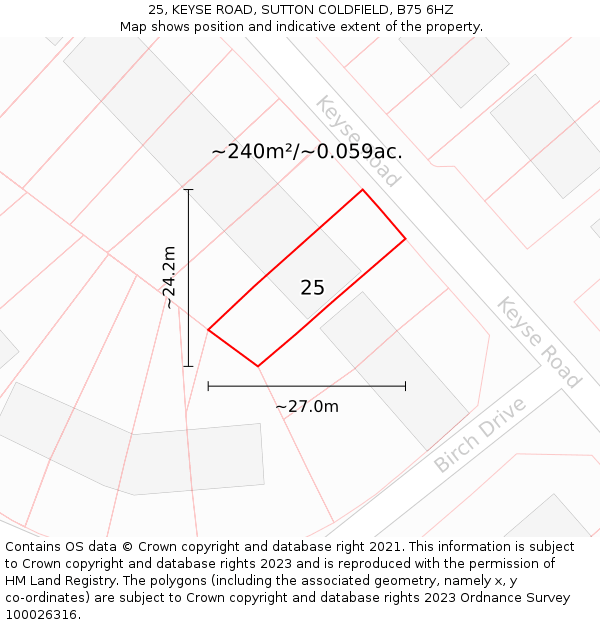 25, KEYSE ROAD, SUTTON COLDFIELD, B75 6HZ: Plot and title map