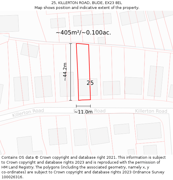 25, KILLERTON ROAD, BUDE, EX23 8EL: Plot and title map