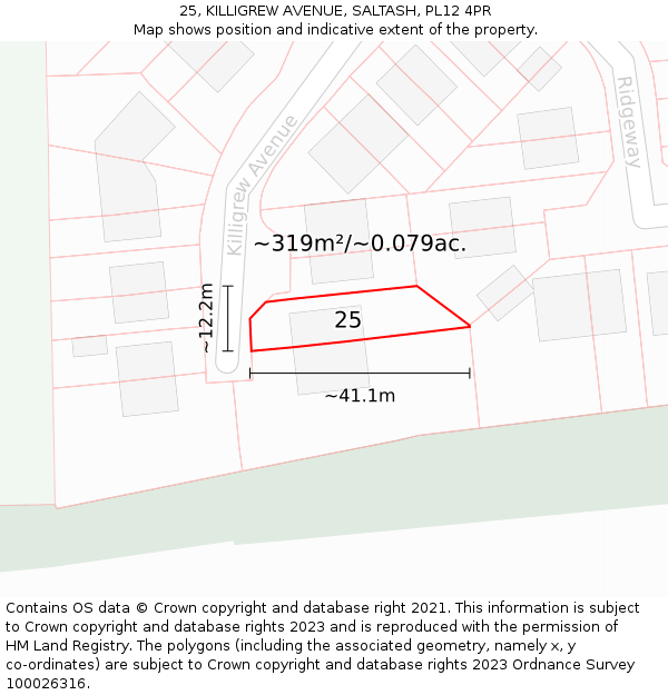 25, KILLIGREW AVENUE, SALTASH, PL12 4PR: Plot and title map