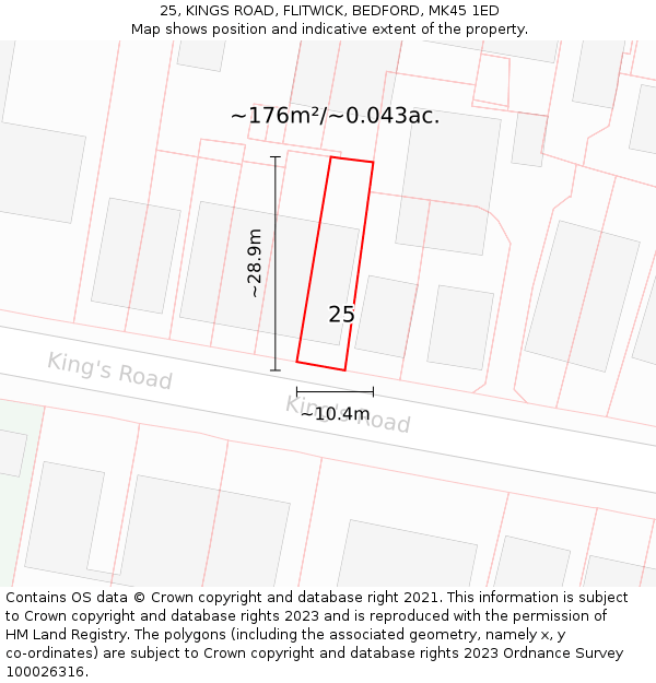 25, KINGS ROAD, FLITWICK, BEDFORD, MK45 1ED: Plot and title map