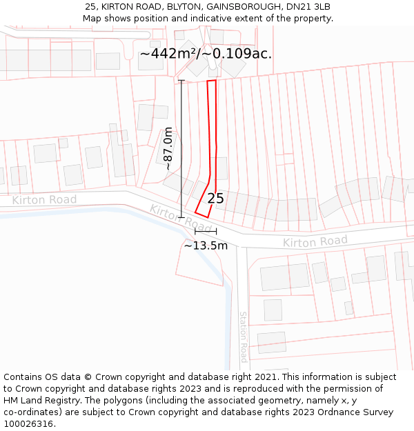 25, KIRTON ROAD, BLYTON, GAINSBOROUGH, DN21 3LB: Plot and title map