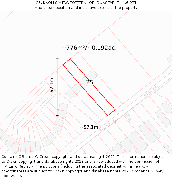 25, KNOLLS VIEW, TOTTERNHOE, DUNSTABLE, LU6 2BT: Plot and title map