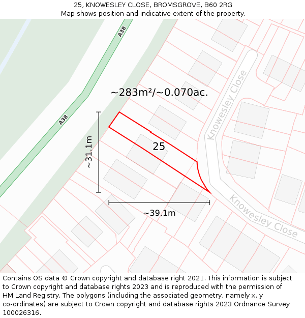 25, KNOWESLEY CLOSE, BROMSGROVE, B60 2RG: Plot and title map