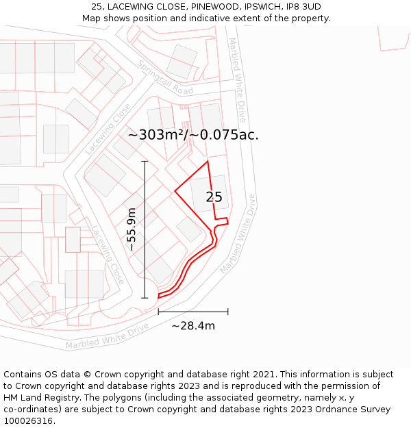 25, LACEWING CLOSE, PINEWOOD, IPSWICH, IP8 3UD: Plot and title map