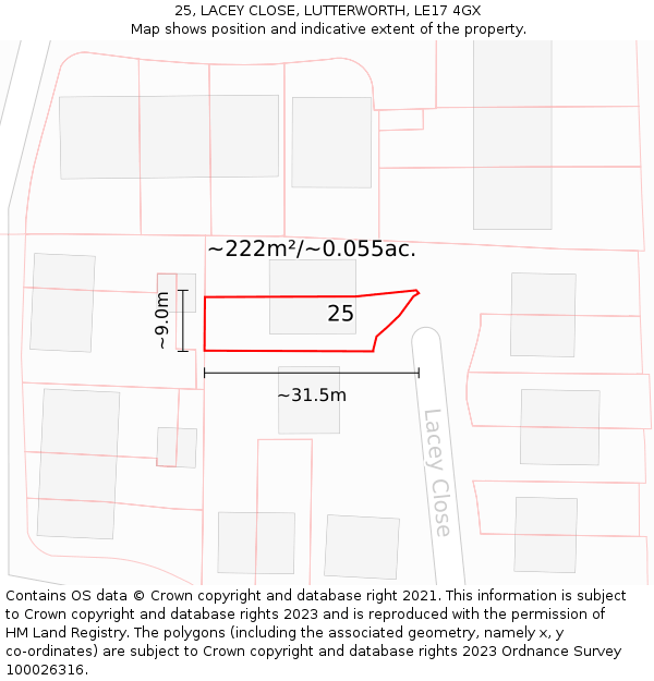25, LACEY CLOSE, LUTTERWORTH, LE17 4GX: Plot and title map