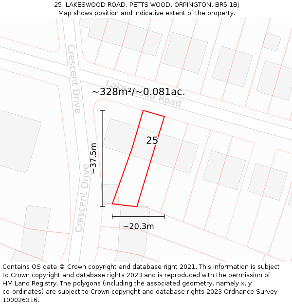 25, LAKESWOOD ROAD, PETTS WOOD, ORPINGTON, BR5 1BJ: Plot and title map
