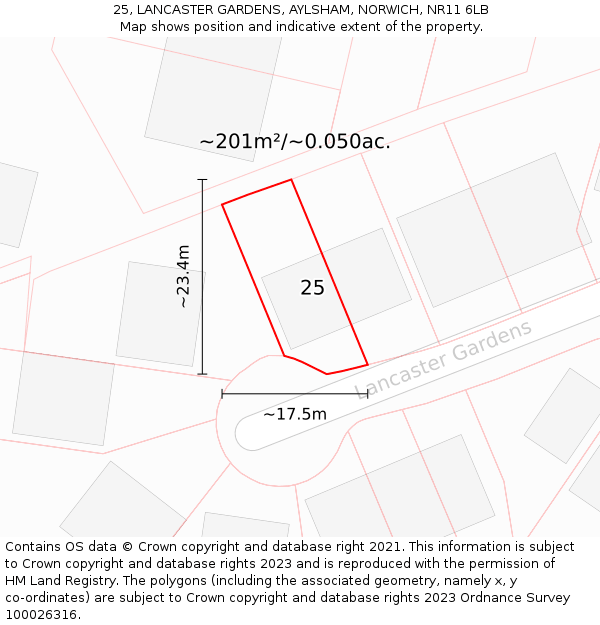 25, LANCASTER GARDENS, AYLSHAM, NORWICH, NR11 6LB: Plot and title map