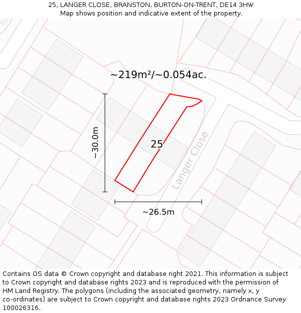 25, LANGER CLOSE, BRANSTON, BURTON-ON-TRENT, DE14 3HW: Plot and title map