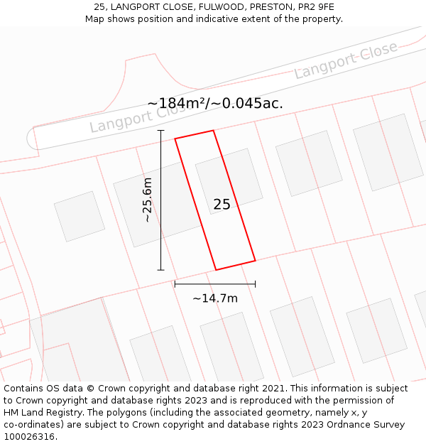 25, LANGPORT CLOSE, FULWOOD, PRESTON, PR2 9FE: Plot and title map