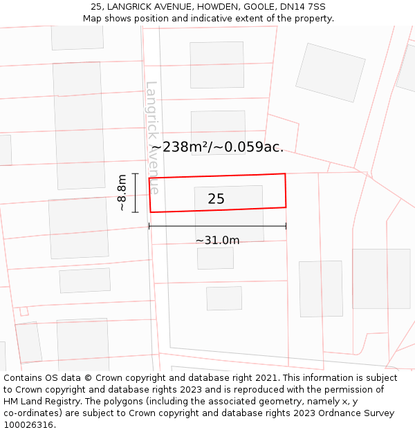 25, LANGRICK AVENUE, HOWDEN, GOOLE, DN14 7SS: Plot and title map