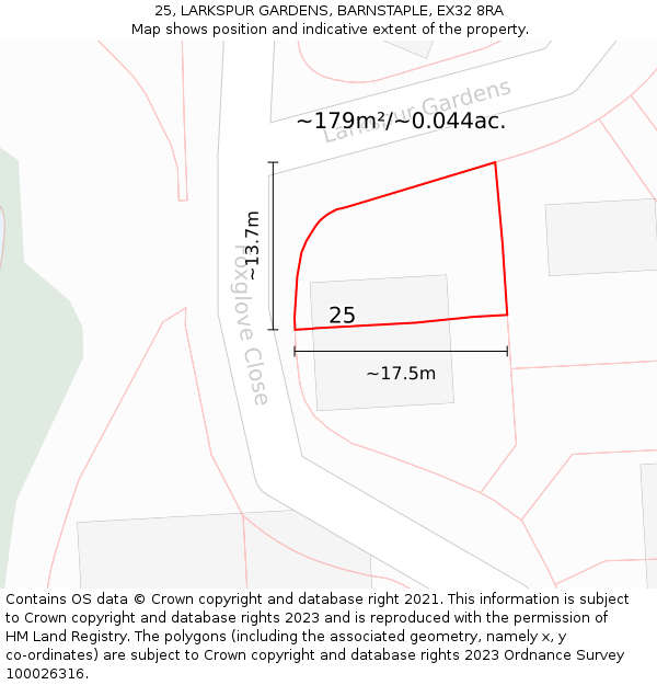 25, LARKSPUR GARDENS, BARNSTAPLE, EX32 8RA: Plot and title map