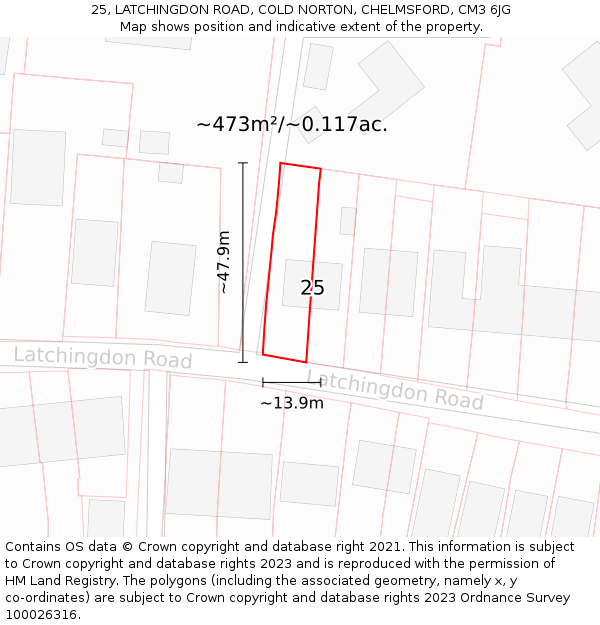 25, LATCHINGDON ROAD, COLD NORTON, CHELMSFORD, CM3 6JG: Plot and title map